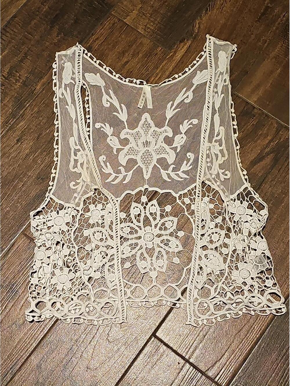 Roper Ivory Open Crochet Vest Size L Western Boho Festival Layer Lace Floral
